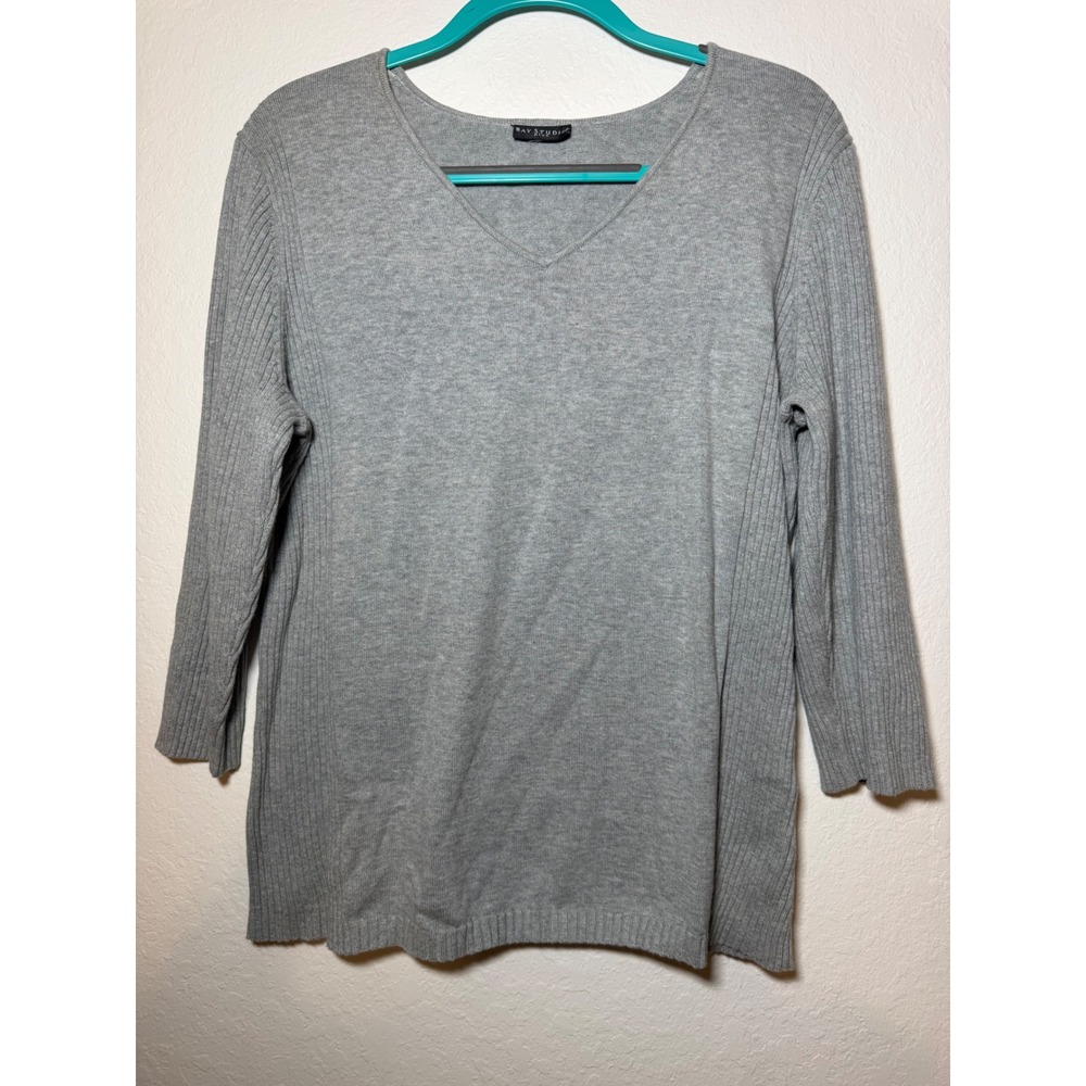 Bay Studio Plus Gray V-Neck Sweater Ribbed 3/4 Sleeve Knit Pullover Top